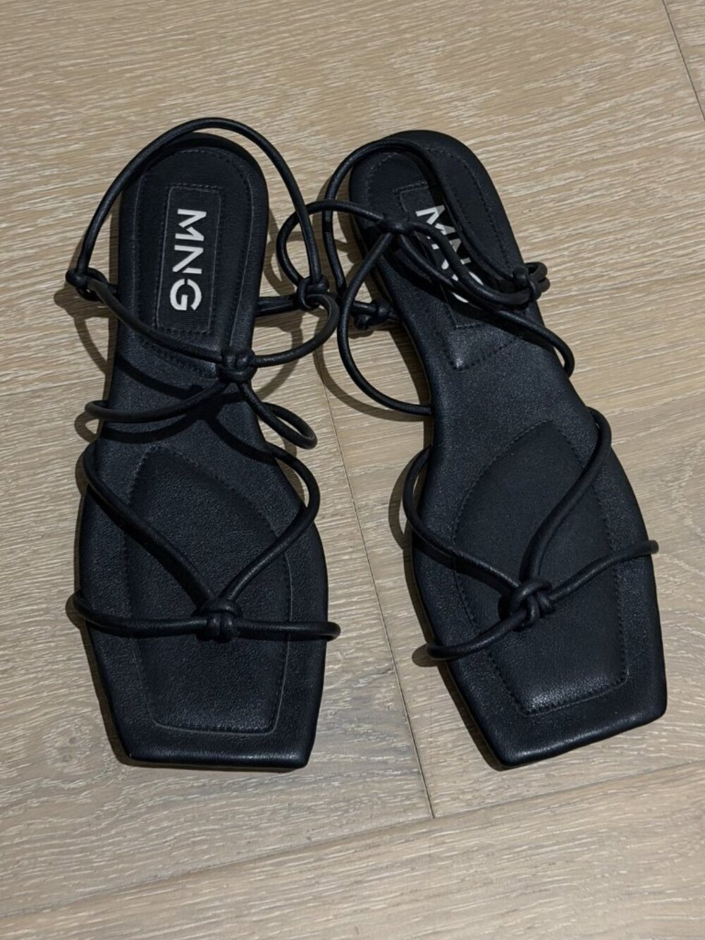 Mango Black Strappy Square Toe Sandals Low Block Heel